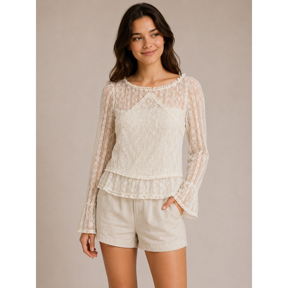 Bohme Ivory Sheer Lace Long Sleeve Peplum Top Bell Cuff Cream‎ Small